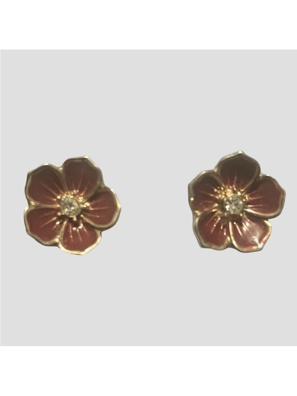 Vintage Style Marroon Sparkled Enamel DOGWOOD FLOWER Gold Tone Trim Earrings